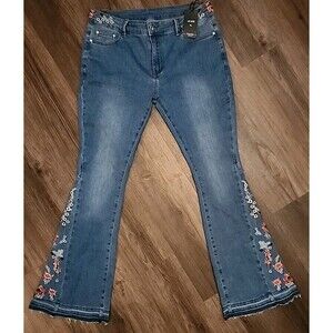 Charton Collection Jeans Womens Flare XL Med Wash Embroidered Flowers Wide-Leg